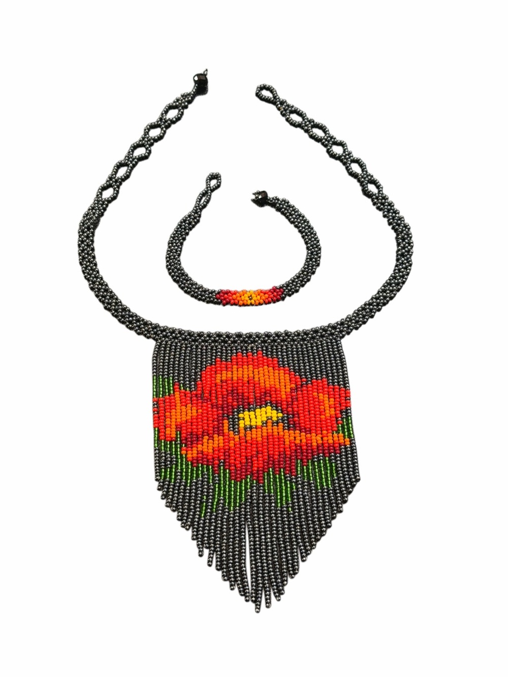 Unbranded Black Beaded Necklace and Bracelet Set with Floral Motif